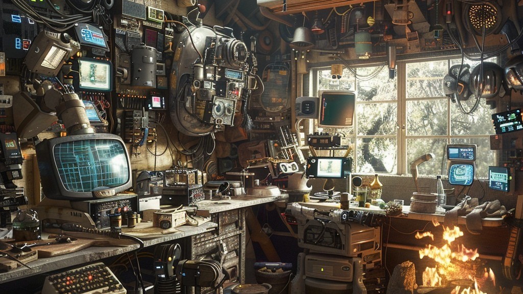 A cluttered basement workshop full of vintage monitors, machinery, and tangled wiring. The founder's basement before market validation.
